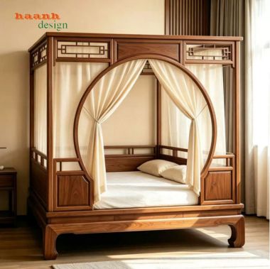 Giường la hán giả cổ cửa vòm tròn có rèm - SBT 018