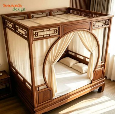 Giường la hán giả cổ cửa vòm tròn có rèm - SBT 018