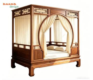 Giường la hán giả cổ cửa vòm tròn có rèm - SBT 018