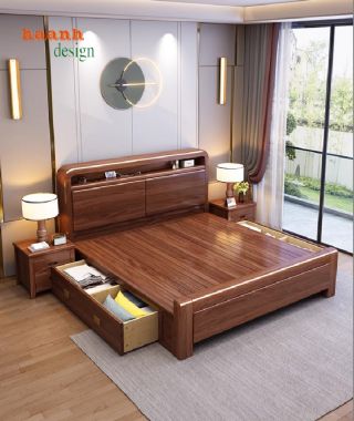 Mẫu giường gỗ tự nhiên đẹp, hiện đại và đẳng cấp nhất 2025-DHN 012