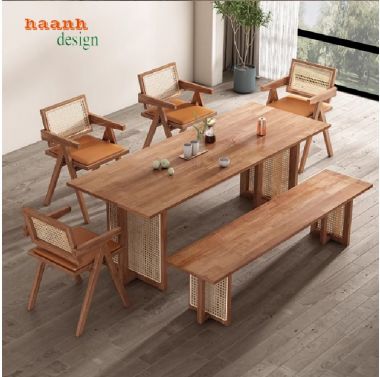 Bàn ghế phòng bếp gỗ sồi phối mây – Mộc mạc và tinh tế-BGA 011