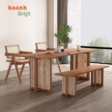 Bàn ghế phòng bếp gỗ sồi phối mây – Mộc mạc và tinh tế-BGA 011