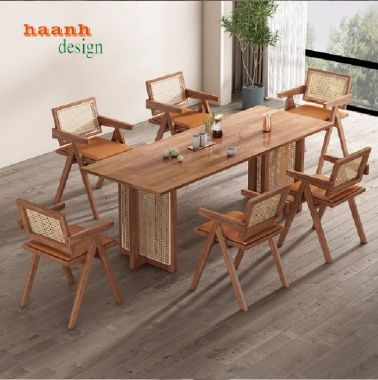 Bàn ghế phòng bếp gỗ sồi phối mây – Mộc mạc và tinh tế-BGA 011