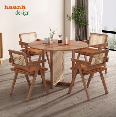 Bàn ghế phòng bếp gỗ sồi phối mây – Mộc mạc và tinh tế-BGA 011