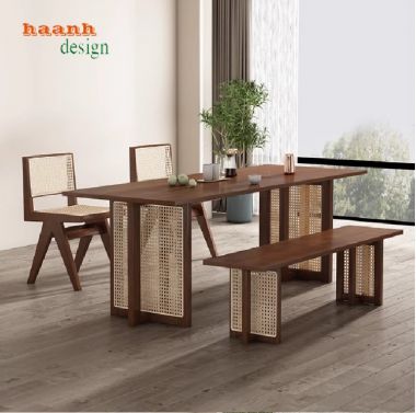Bàn ghế phòng bếp gỗ sồi phối mây – Mộc mạc và tinh tế-BGA 011