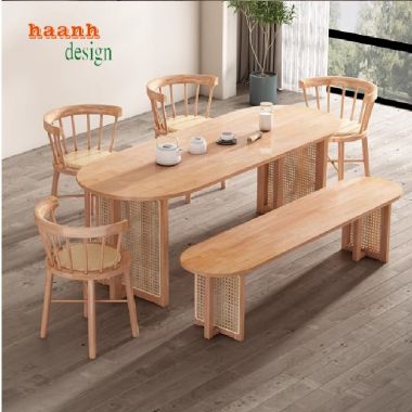Bàn ghế ăn gỗ sồi tự nhiên kết hợp mây thủ công-BGA 012