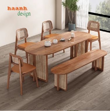 Bàn ghế ăn gỗ sồi tự nhiên kết hợp mây thủ công-BGA 012