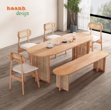 Bàn ghế ăn gỗ sồi tự nhiên kết hợp mây thủ công-BGA 012