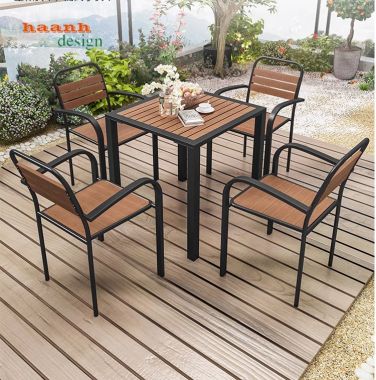 Bàn ghế chân sắt mặt gỗ nhựa ngoài trời bền đẹp NTG 009