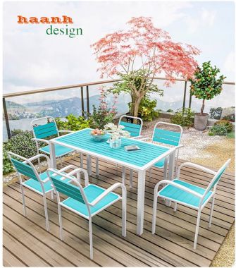 Bàn ghế chân sắt mặt gỗ nhựa ngoài trời bền đẹp NTG 009