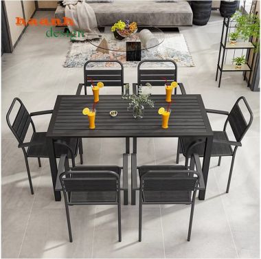 Bàn ghế chân sắt mặt gỗ nhựa ngoài trời bền đẹp NTG 009