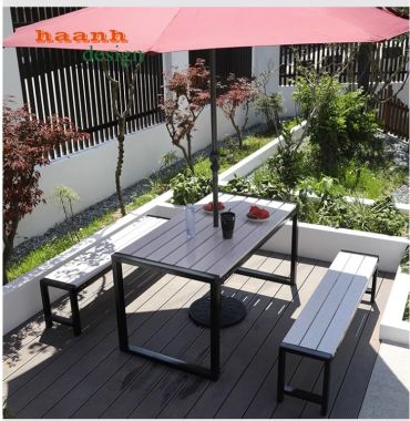 Bàn ghế ngoài trời chân sắt mặt gỗ teak NTG 008