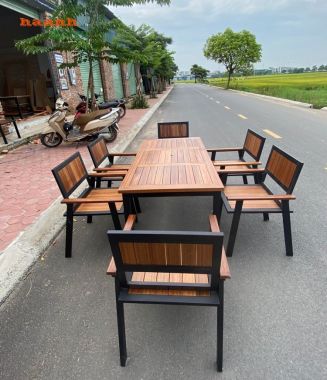 Bàn ghế chân sắt mặt gỗ teak tự nhiên NTG002