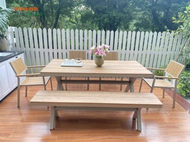 Bàn ghế sân vườn chân sắt mặt gỗ Teak ngoài trời chất lượng. NTG 010