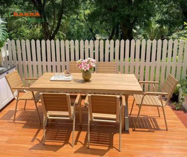 Bàn ghế sân vườn chân sắt mặt gỗ Teak ngoài trời chất lượng. NTG 010