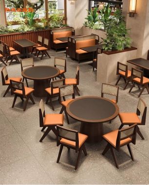Bàn ghế ăn nhà hàng gỗ hiện đại phối đệm cam - BNH 013