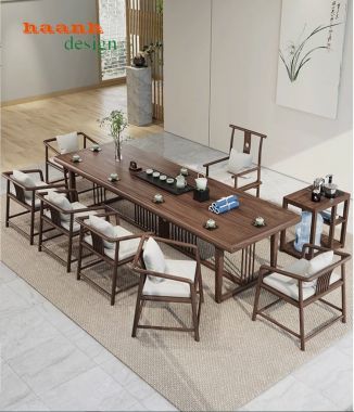 Bàn ghế phòng trà gỗ tự nhiên phong cách á đông BGN 009