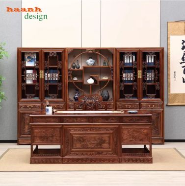 Mẫu bàn làm việc gỗ đẹp phong cách Á Đông sang trọng-BCG 002