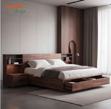 Giường ngủ gỗ công nghiệp cao cấp phủ veneer óc chó-GNH 005