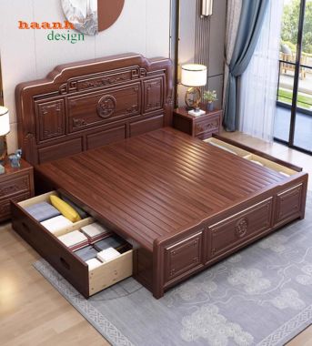 Bộ giường ngủ gỗ tự nhiên phong cách Trung Hoa cao cấp-GNC 013