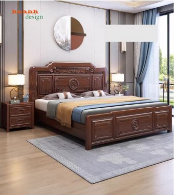 Bộ giường ngủ gỗ tự nhiên phong cách Trung Hoa cao cấp-GNC 013