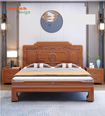 Bộ giường ngủ gỗ tự nhiên phong cách Trung Hoa cao cấp-GNC 013