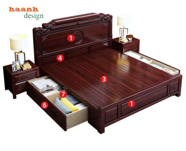 Giường ngủ gỗ tự nhiên chạm khắc phong cách giả cổ á đông GNC 002