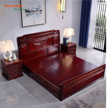 Giường ngủ gỗ tự nhiên giả cổ chạm hoa văn - GNC 016