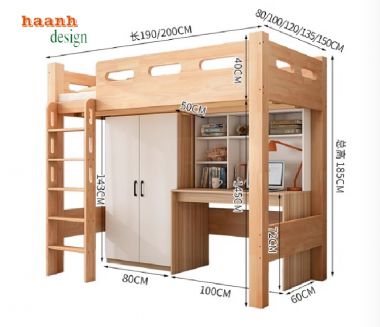 Phối hợp giường tầng trẻ em gỗ sồi với nội thất khác-GTE 009