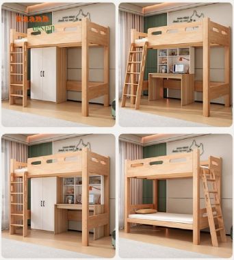 Phối hợp giường tầng trẻ em gỗ sồi với nội thất khác-GTE 009