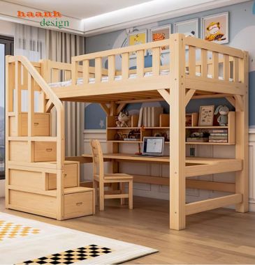 Mẫu giường tầng cho bé hiện đại tích hợp bàn học và tủ áo-GTE 017