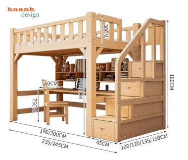 Mẫu giường tầng cho bé hiện đại tích hợp bàn học và tủ áo-GTE 017