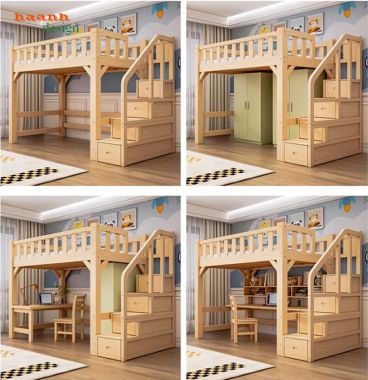 Mẫu giường tầng cho bé hiện đại tích hợp bàn học và tủ áo-GTE 017