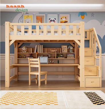Mẫu giường tầng cho bé hiện đại tích hợp bàn học và tủ áo-GTE 017