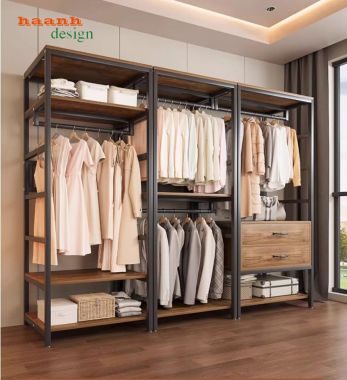 Kệ khung sắt treo quần áo kết hợp gỗ chống ẩm nhập khẩu-KST 010
