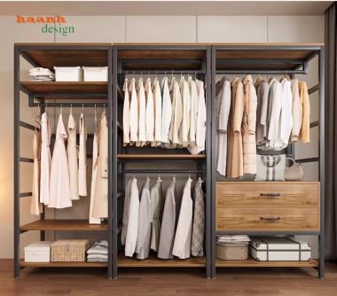 Kệ khung sắt treo quần áo kết hợp gỗ chống ẩm nhập khẩu-KST 010