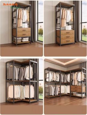 Kệ khung sắt treo quần áo kết hợp gỗ chống ẩm nhập khẩu-KST 010