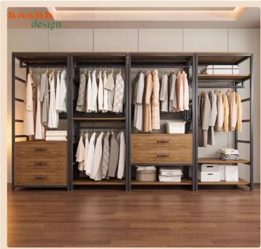 Kệ khung sắt treo quần áo kết hợp gỗ chống ẩm nhập khẩu-KST 010