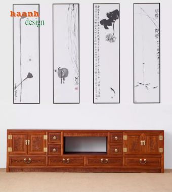 Kệ Tivi Phòng Khách Gỗ Gõ Đỏ Chạm Khắc Cổ Điển Cao Cấp-KTV 009