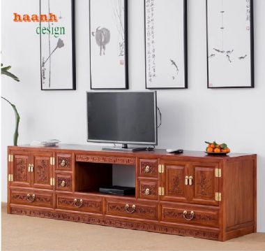 Kệ Tivi Phòng Khách Gỗ Gõ Đỏ Chạm Khắc Cổ Điển Cao Cấp-KTV 009