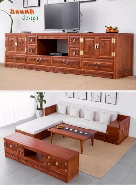 Kệ Tivi Phòng Khách Gỗ Gõ Đỏ Chạm Khắc Cổ Điển Cao Cấp-KTV 009