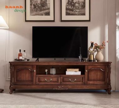 Mẫu kệ tivi gỗ đẹp gỗ gụ tự nhiên cao cấp kiểu dáng Mỹ-KTD 009