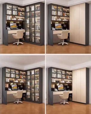 Bàn làm việc gỗ hiện đại kết hợp tủ sách cánh kính cao cấp-TSH 004