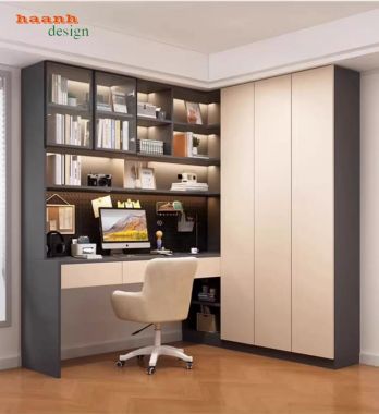 Bàn làm việc gỗ hiện đại kết hợp tủ sách cánh kính cao cấp-TSH 004