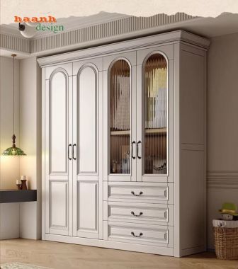 Tủ quần áo cánh kính cao cấp màu trắng kem sang trọng-TAT 008