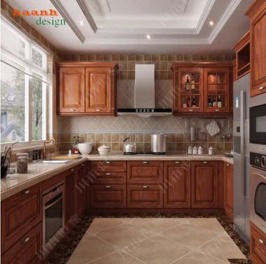 Mẫu tủ bếp gỗ tự nhiên hiện đại cho gia đình Việt-TBH 005