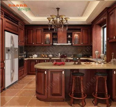 Mẫu tủ bếp gỗ tự nhiên hiện đại cho gia đình Việt-TBH 005