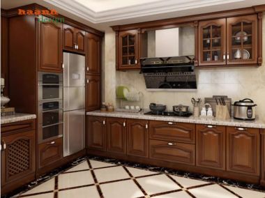 Mẫu tủ bếp gỗ tự nhiên hiện đại cho gia đình Việt-TBH 005