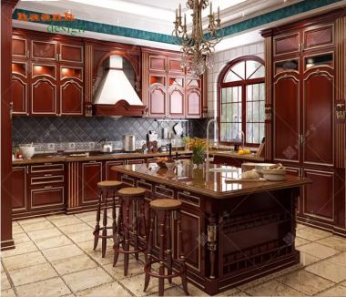 Mẫu tủ bếp gỗ tự nhiên hiện đại cho gia đình Việt-TBH 005