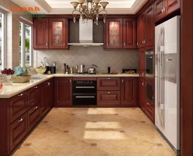Mẫu tủ bếp gỗ tự nhiên hiện đại cho gia đình Việt-TBH 005